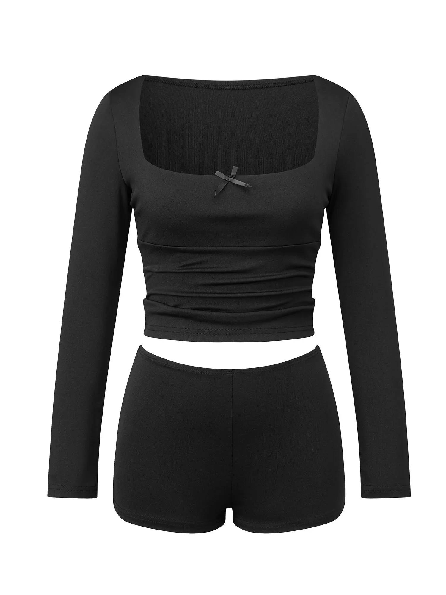 ملابس كاجوال مكونة من قطعتين للنساء، بلوزة أنيقة برقبة مربعة وأكمام طويلة وسروال قصير بخصر مطاطي بلون سادة