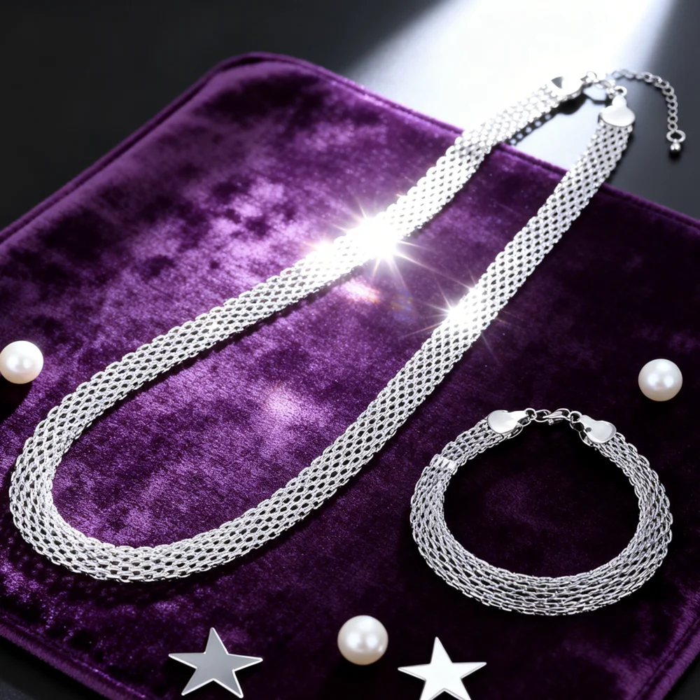 New arrive 925 Sterling silver delicate Net chain Bracelets necklace for women fashion party Affordable jewelry sets Couple gift