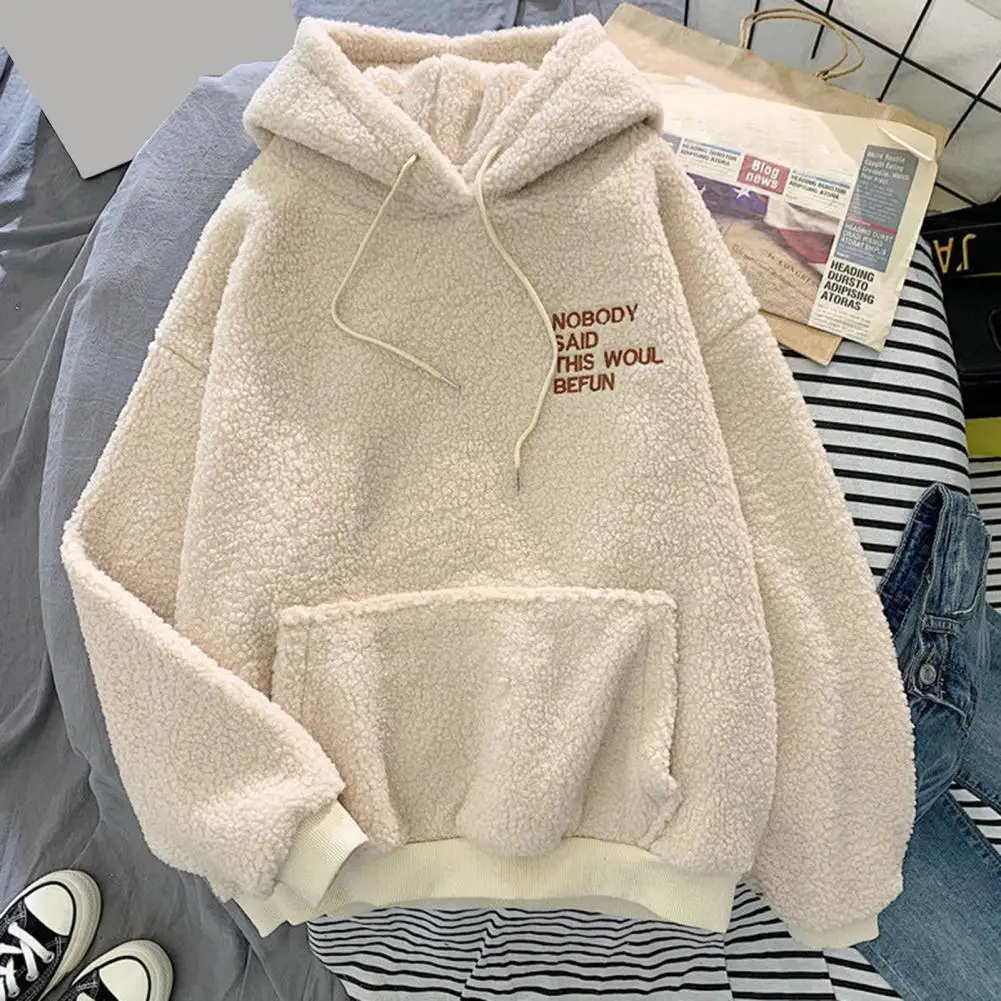 Women Velvet Hoodie Cozy Fleece Hoodie with Drawstring Embroidered Letter Detail for Women Warm Pullover with Patch Pocket