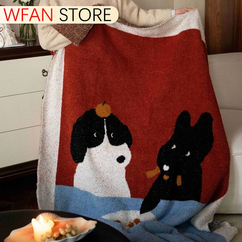Cartoon Knit Half Fleece Blanket Cute Print Soft Cozy Bedroom Cover Home Travel Car Nap Shawl Sofa Throw Skin Friendly