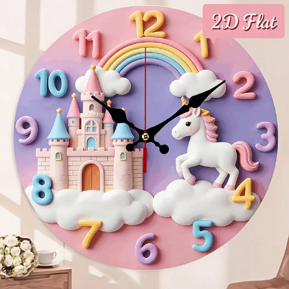 1 Piece 2D Unicorn Castle Rainbow Wooden Wall Clock, 10inch Silent, Baby Room Playroom Cafe Decoration, No AA Batteries Required,Furniture,Desk Deccor,Wall Deocr,Wall Clocks For Living Room,Picks