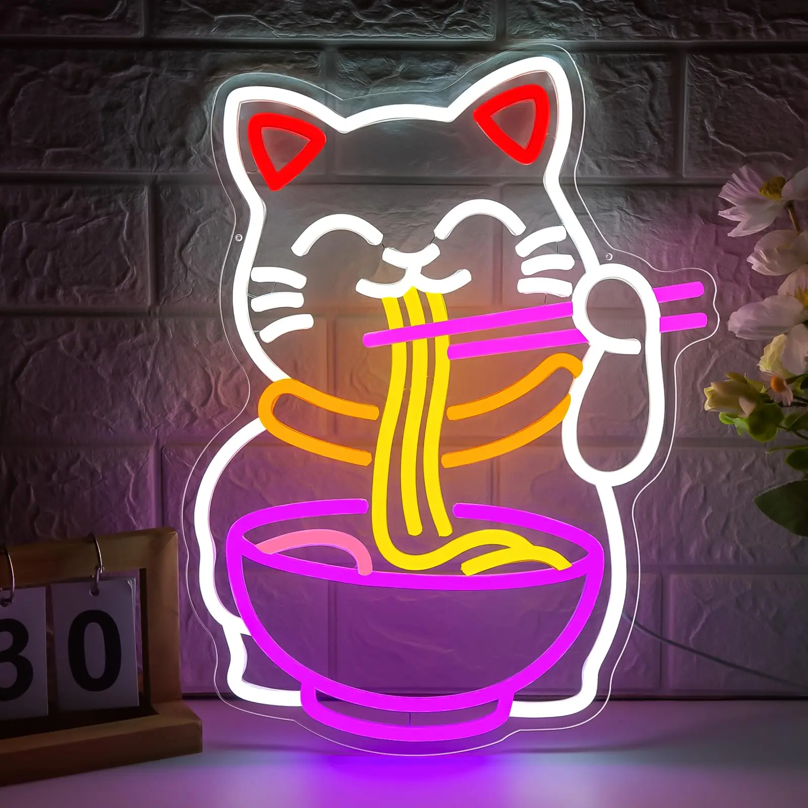 Fortune Cat Ramen Neon Sign, Dimmable Japanese Lucky Cat Noodle Ramen Led Neon Signs for Wall Decor Resturant Home Bar
