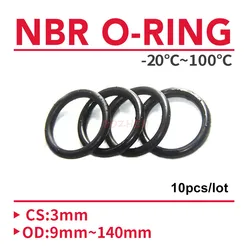 10Pcs Black O Ring Gasket CS 3mm OD 9mm ~ 140mm NBR Automobile Nitrile Rubber Round O Type Corrosion Oil Resist Sealing Washer