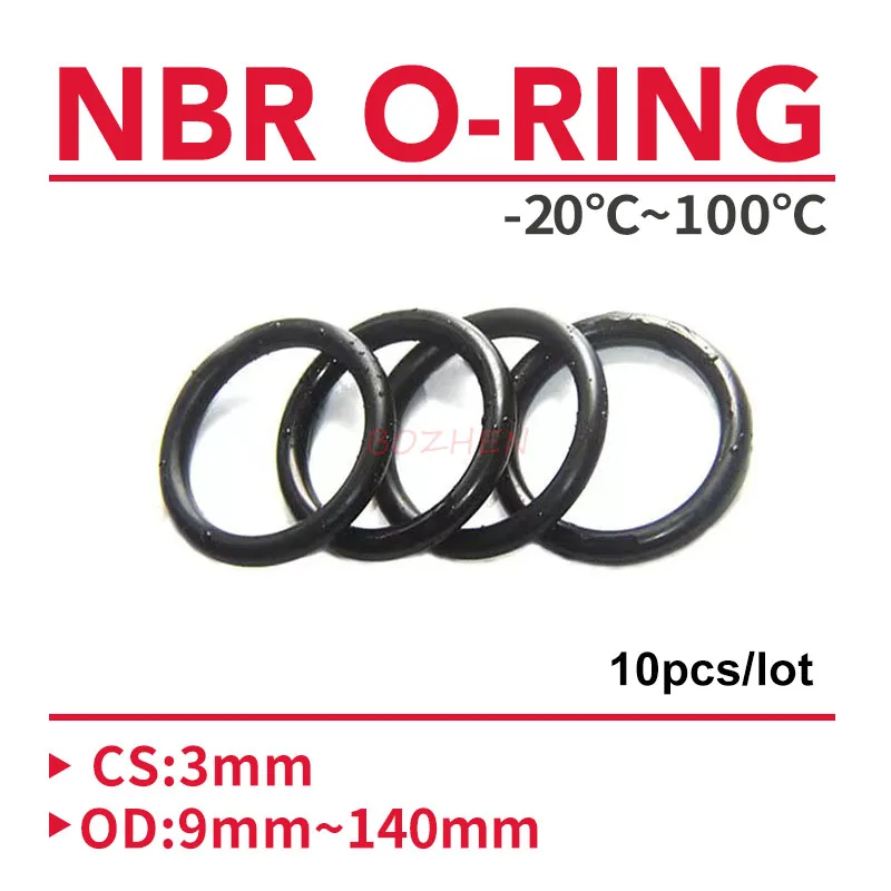 10szt Czarny O-ring Uszczelka CS 3mm OD 9mm ~ 140mm NBR Samochodowa guma nitrylowa Okrągły typ O Korozja Olejoodporna podkładka uszczelniająca