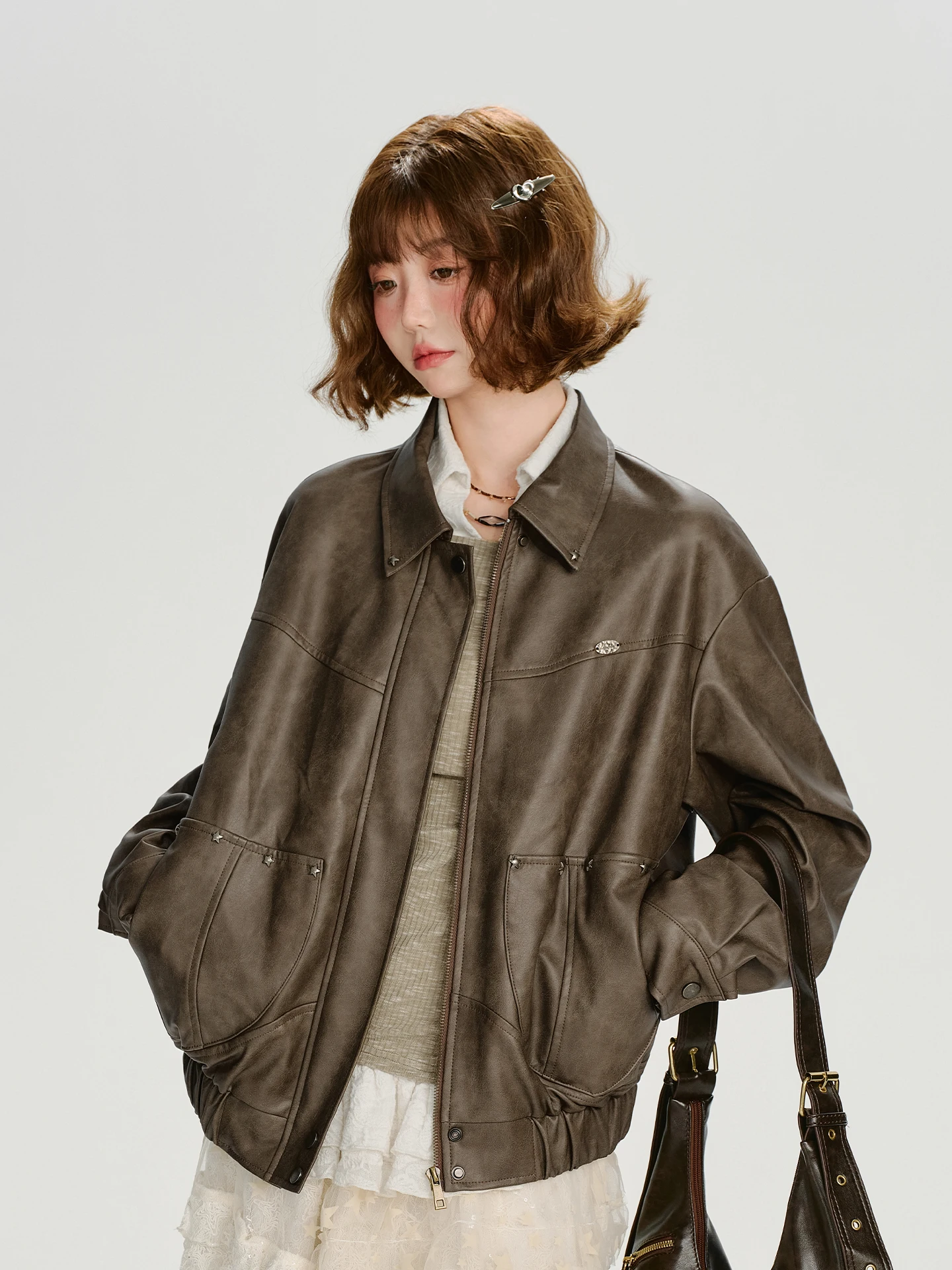 Manteau long en cuir pour femme, style rétro américain, décontracté, fermeture éclair, printemps automne