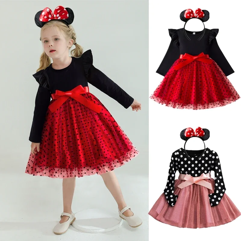 2025 New Girls Dress Polka Dot Princess Dresses+Minni Mouse Ear Headband Cosplay Costume Kids Party Christmas Fancy Dressing Up