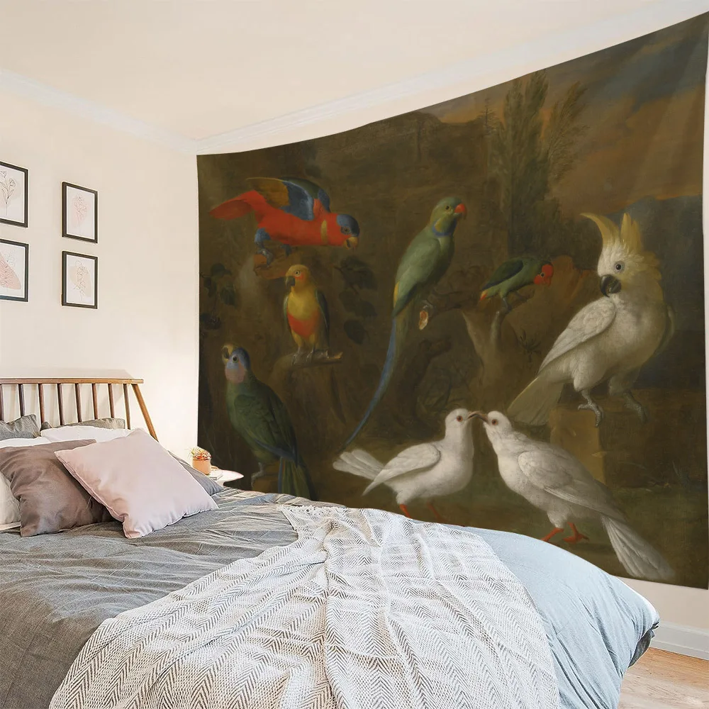 

Tapestry wall hanging, tropical jungle flowers and birds, living room and bedroom, aesthetic home decoration, background poster