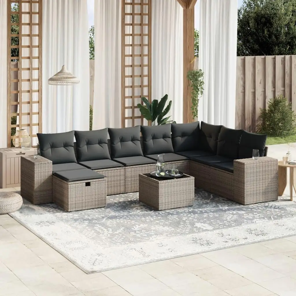 

Elegant Grey Poly Rattan Garden Sofa Set with Powder Coated Steel Frame and Tempered Glass Table for Outdoor Relaxation