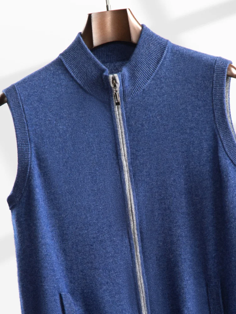 Luxury New Men's 100% Cashmere Waistcoat Sleeveless Zipper Cardigan Vest Autumn Winter Mockneck Sweater Thick warm Knitwear Tops