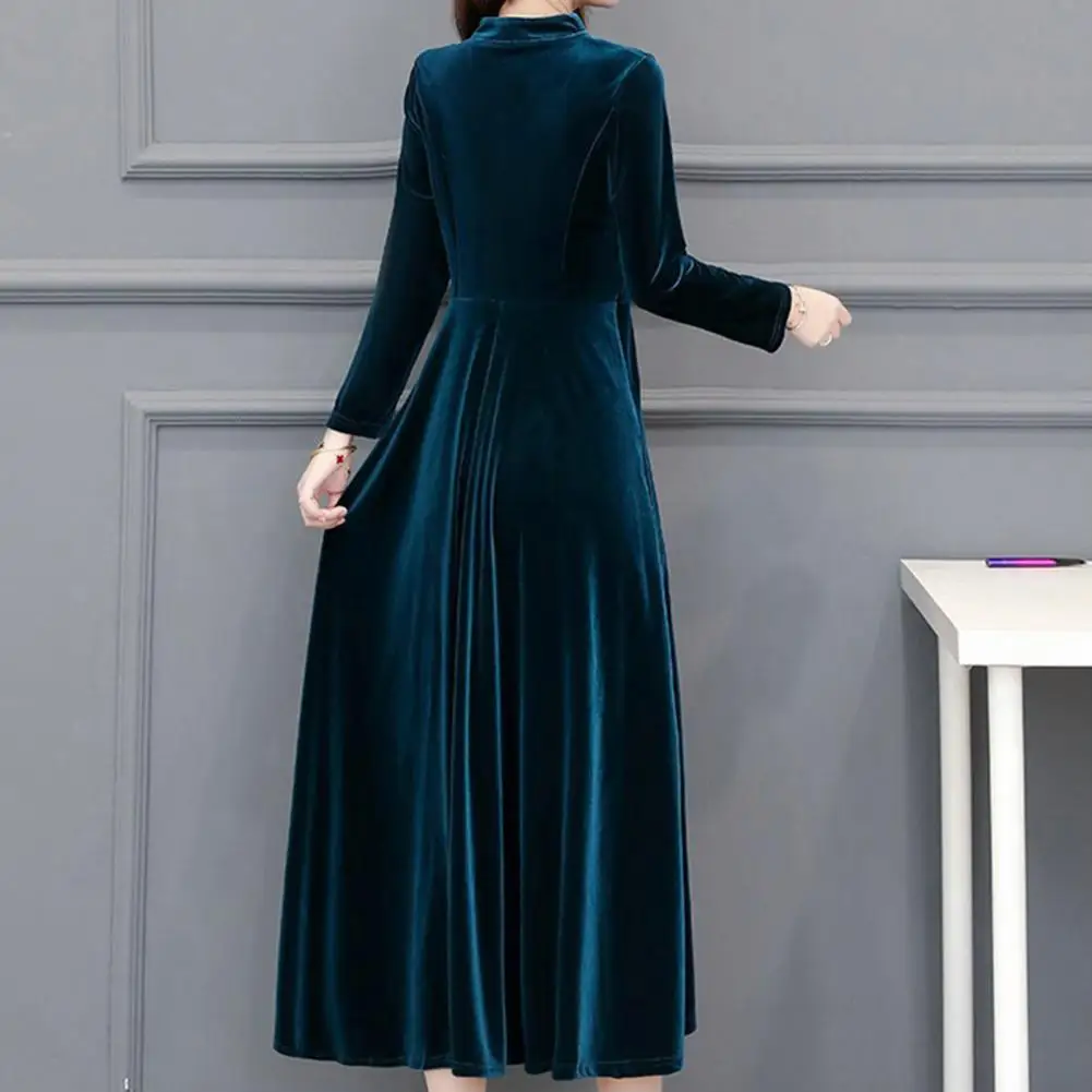 Elegant Velvet Dress Women Korean Solid Color Long Sleeves Big Hem Warm Mid-calf Length Lady Prom Dress