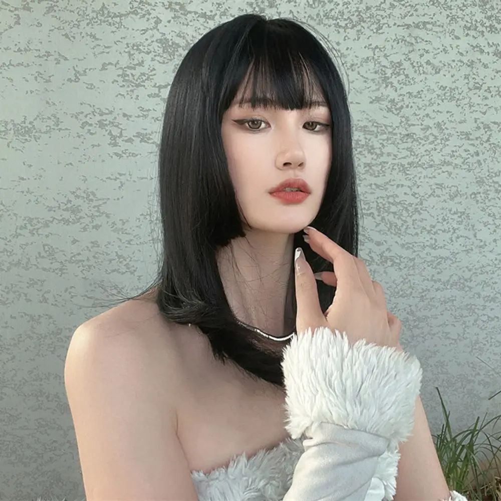 

Women Hime cut air bangs shoulder length short hair High Temperature Fiber Synthetic Wigs Pelucas Hair Daily Party Use