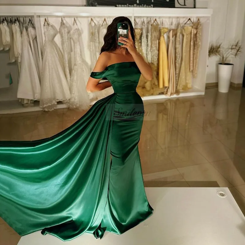 

Smileven Silk Satin Mermaid Evening Dress Green color Prom Dresses robe de soirée Pleats Off The Shoulder Party Gowns 2024