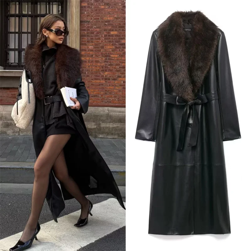 Women's Coat 2025 Autumn New Black Long-Sleeve Faux Fur Collar Detachable Leather Trench Coat Stylish and Fashionable
