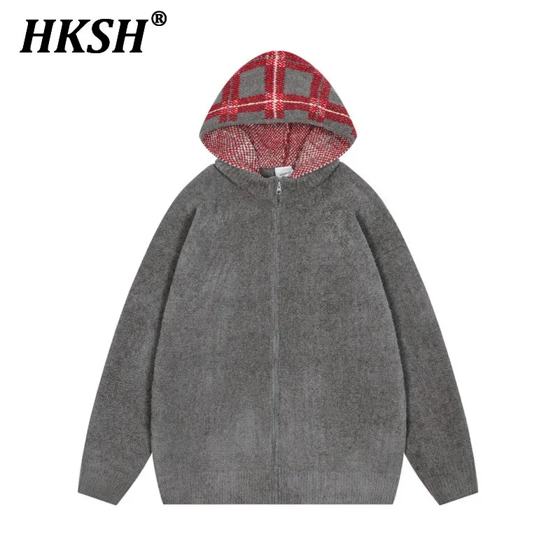 HKSH Plaids Patchwork Hooded Knitted Cardigan Chic Dark Casual Men's Tide Zipper Brushed Autumn Winter New Sweater Jacket HK3488