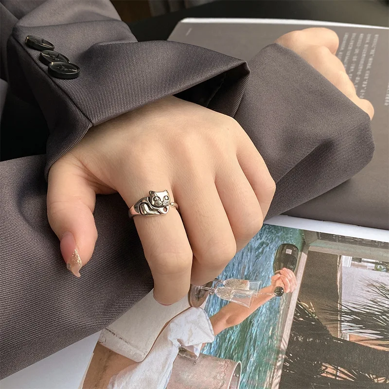 Women's 925 Sterling Silver Cute Cat Opening Ring
