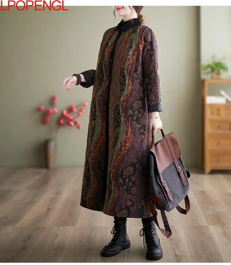 2022 Winter Cotton Coat Ethnic Style Long-sleeved Single-breasted Women Patchwork Crew Neck Medium Length Wide-waisted Jacket