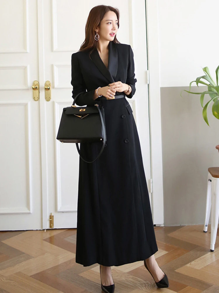 Women Clothes Classic Black Vintage Formal Long Jacket Coat Elegant Commute A-Line Outerwear Windbreaker Blazer Work Style New