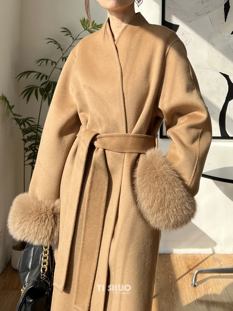 

2024 High Quality V-neck Detachable Real Fox Fur Sleeves 100 Pure Wool Coat Lace Up Bathrobe Long Fashion Woolen Overcoat Women