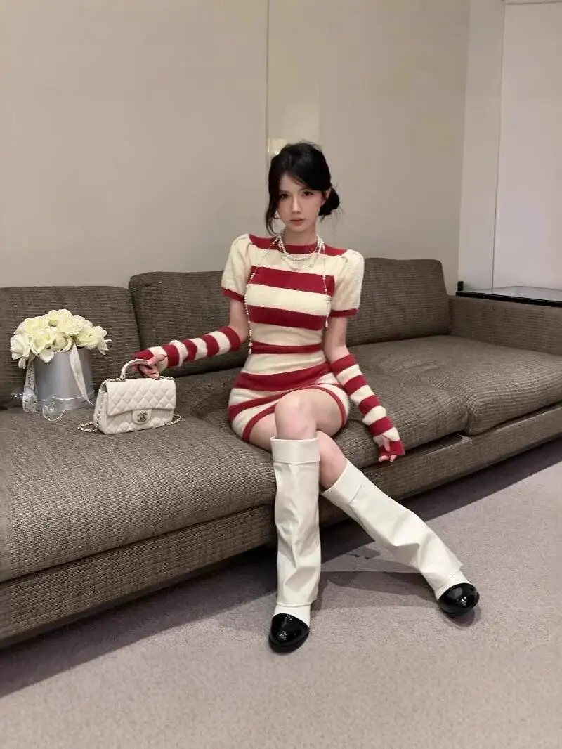 Doce mini vestido de malha camisola grossa picante menina moda vermelho branco retalhos listras puro desejo bonito vestido elegante nvv8