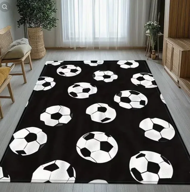 Tapis de maison imprimé ballon de football noir et blanc, adapté à la chambre à coucher, au salon, à la cuisine, à la salle de bain, au camping, au yoga, à la décoration de vacances