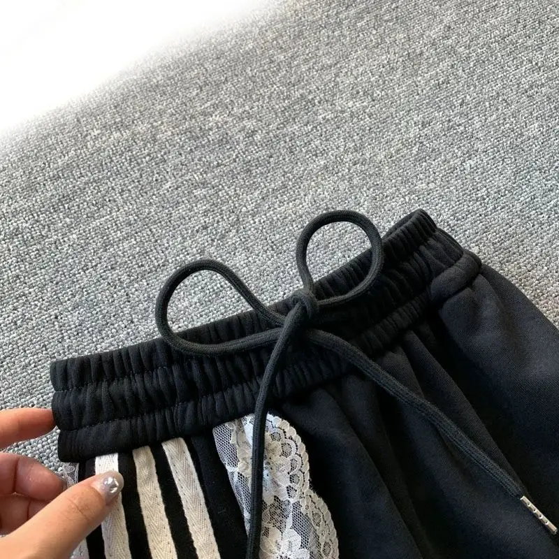 Sports Pants for Women in Spring, Retro High Waisted Lace Patchwork Striped Straight Leg Casual Pants, Black Wide Leg Pants