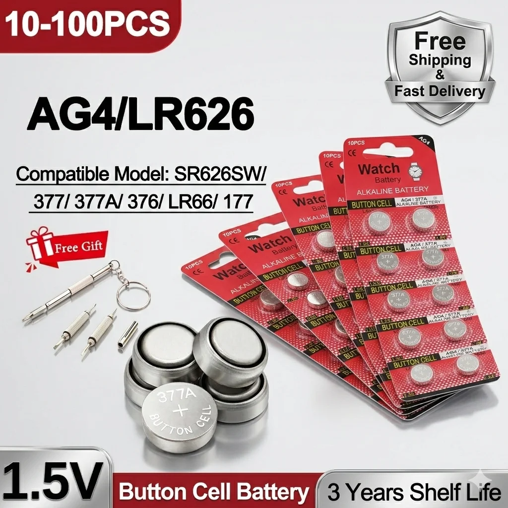 

377 SR626SW AG4 Battery 1.5V, 10-100PCS Alkaline Button Cell for Watch, LR626 377A LR66 177 376 Coin Batteries Pilas Botón