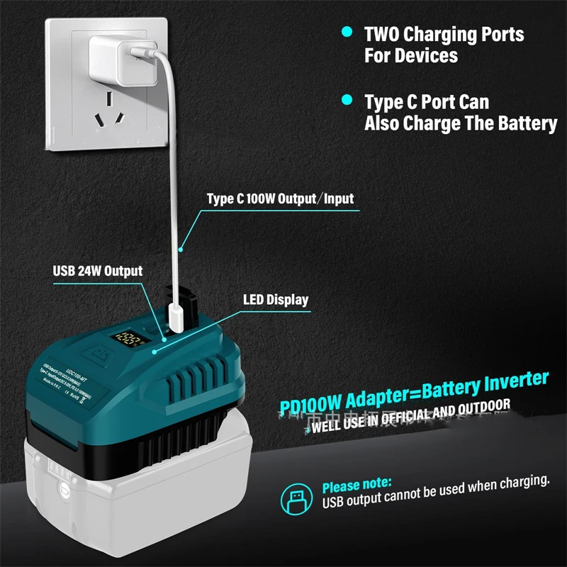 Convertidor adaptador 2 en 1 para batería de iones de litio Makita/Dewalt/Milwaukee/Einhell de 18V, cargador USB de 100W con pantalla LED