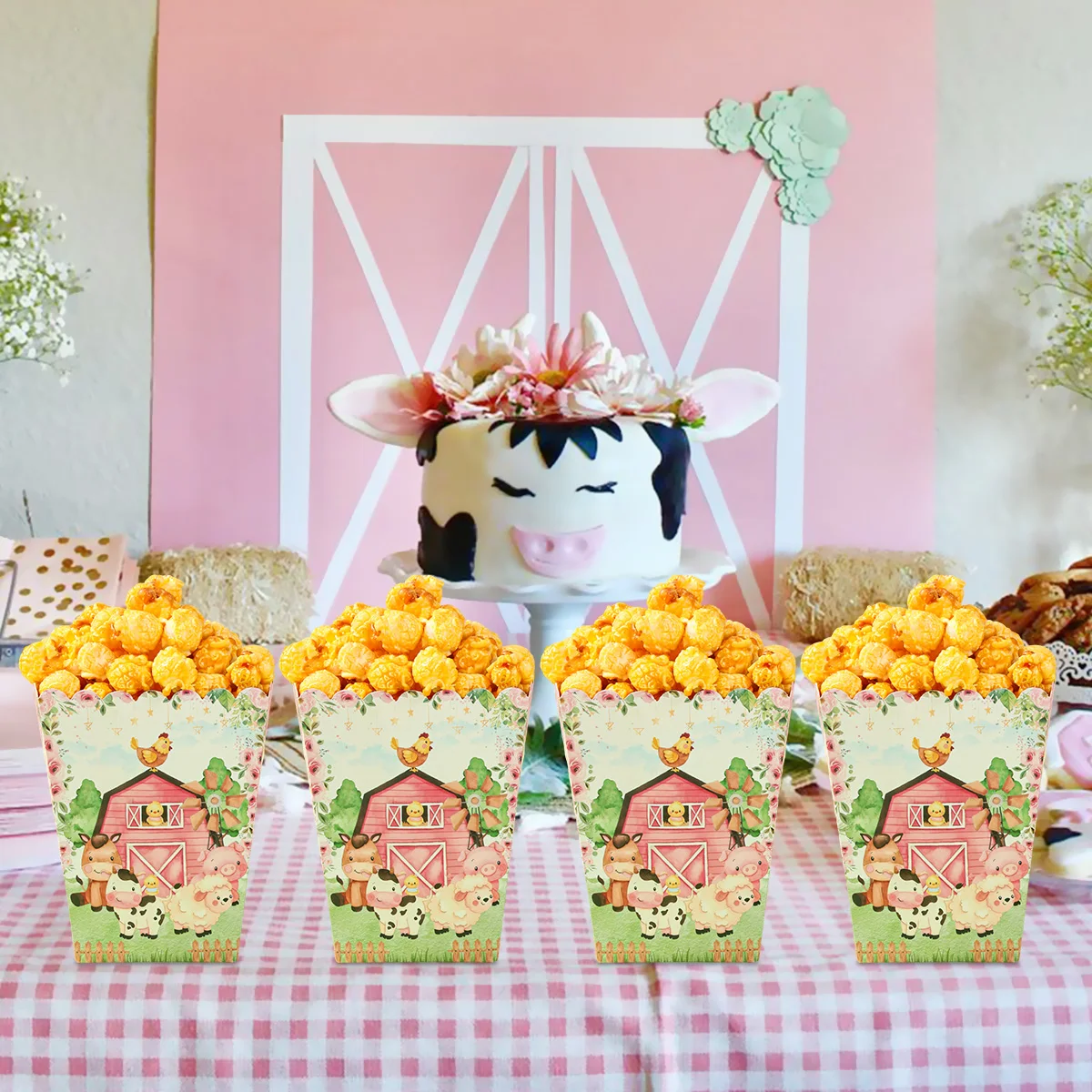 Scatole per popcorn per feste a tema animali da fattoria Scatole per caramelle Decorazioni per feste in fattoria Baby Shower Bambini Ragazze Compleanno Forniture per feste di matrimonio