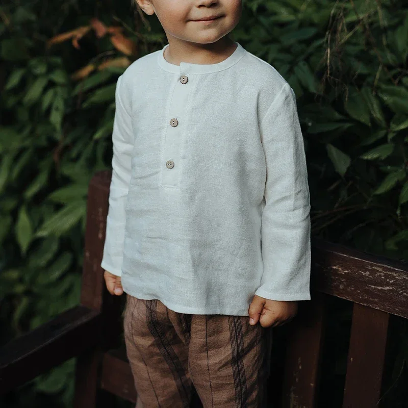 Children\'s Linen Long-Sleeved White T-Shirt Chic New Daily Casual Loose Baby Kids Button-up Autumn Blouse Cotton Linen Clothing