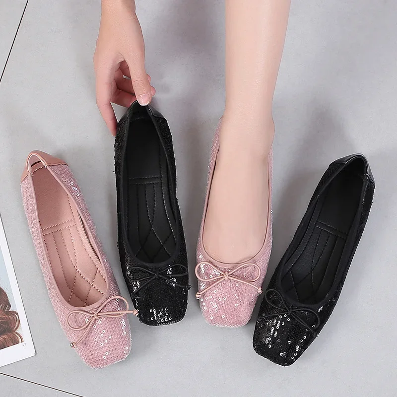 Fashion 2024 Spring Summer Women Flats Elegant Office Lady Bling Shoes Flat Black Pink Plus Size 42 A3298