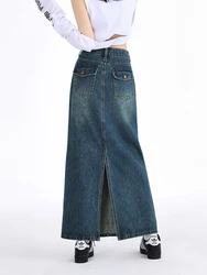 Cargo Denim Skirt Retro High Waist A-Line Skirts 2024 Autumn New Retro Washed Denim Slit Design Female Long Skirt Streetwear