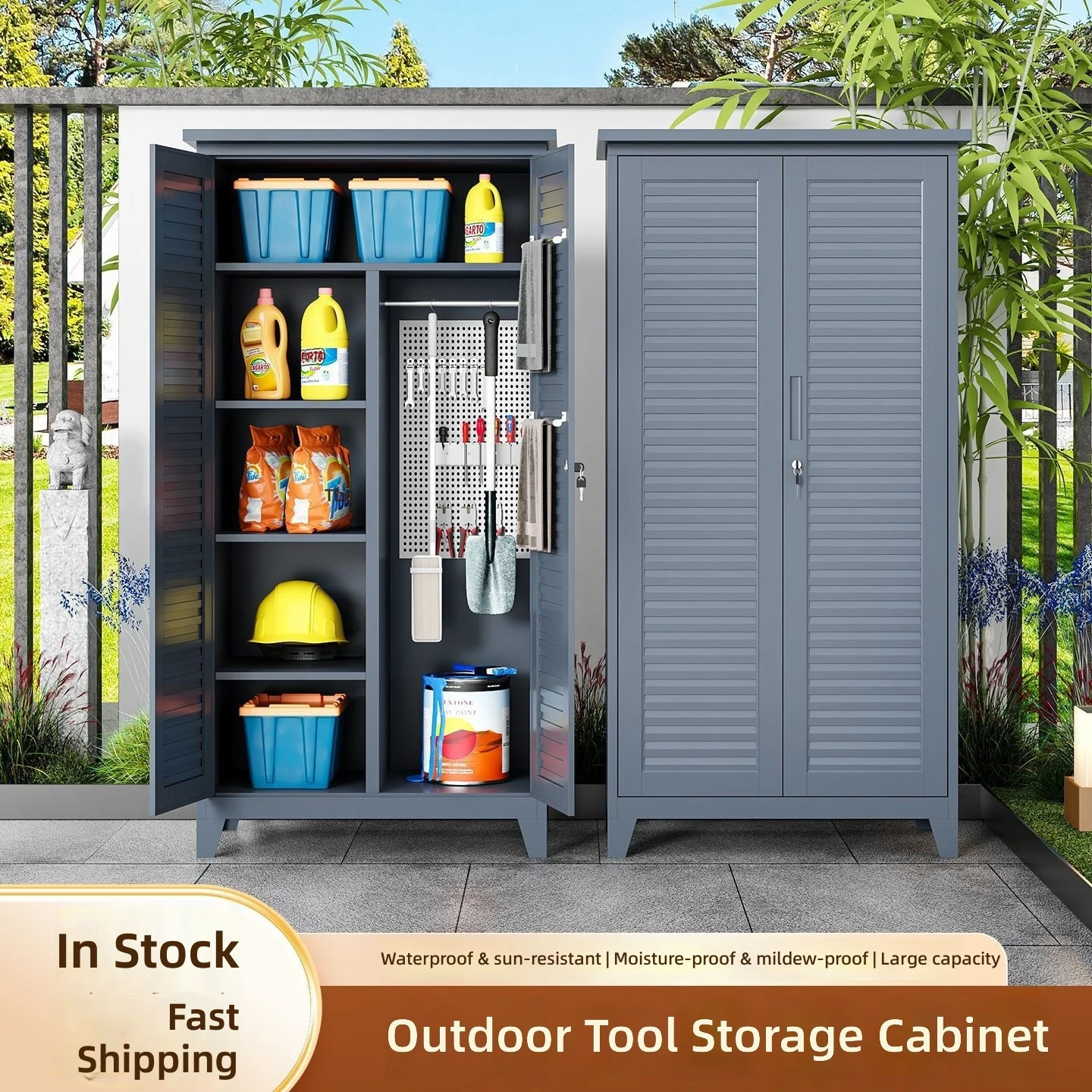 Outdoor Garden Tool Storage Cabinet, Waterproof Sunscreen Fishing Gear Organizer, Patio Cleaning Mop Pegboard Household Cabinet