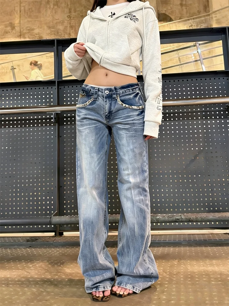 

Retro American Large Size Distressed Leopard Print Splicing Bell Bottom Jeans Women's Slim Fit Versatile Long Pants