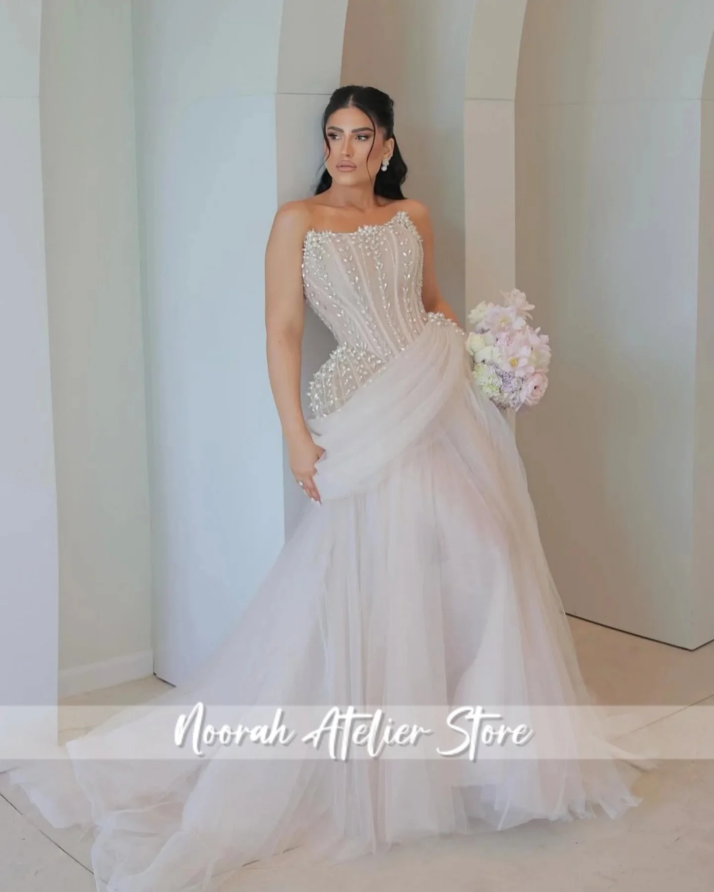 

New Beaded Strapless Evening Dresses Luxury 2026 Tulle Train Wedding Dress Party Dress فساتين سهرات Customized