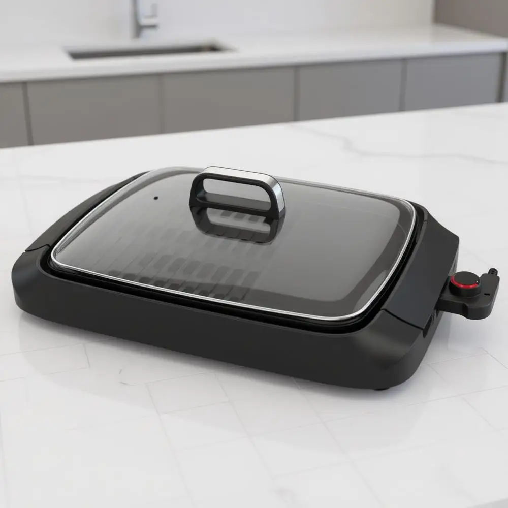 

Electric Grill with Tempered Glass Lid, Drip Pan, 1500W M-Shaped Heating Element, Non-Stick Coating, Stainless Steel