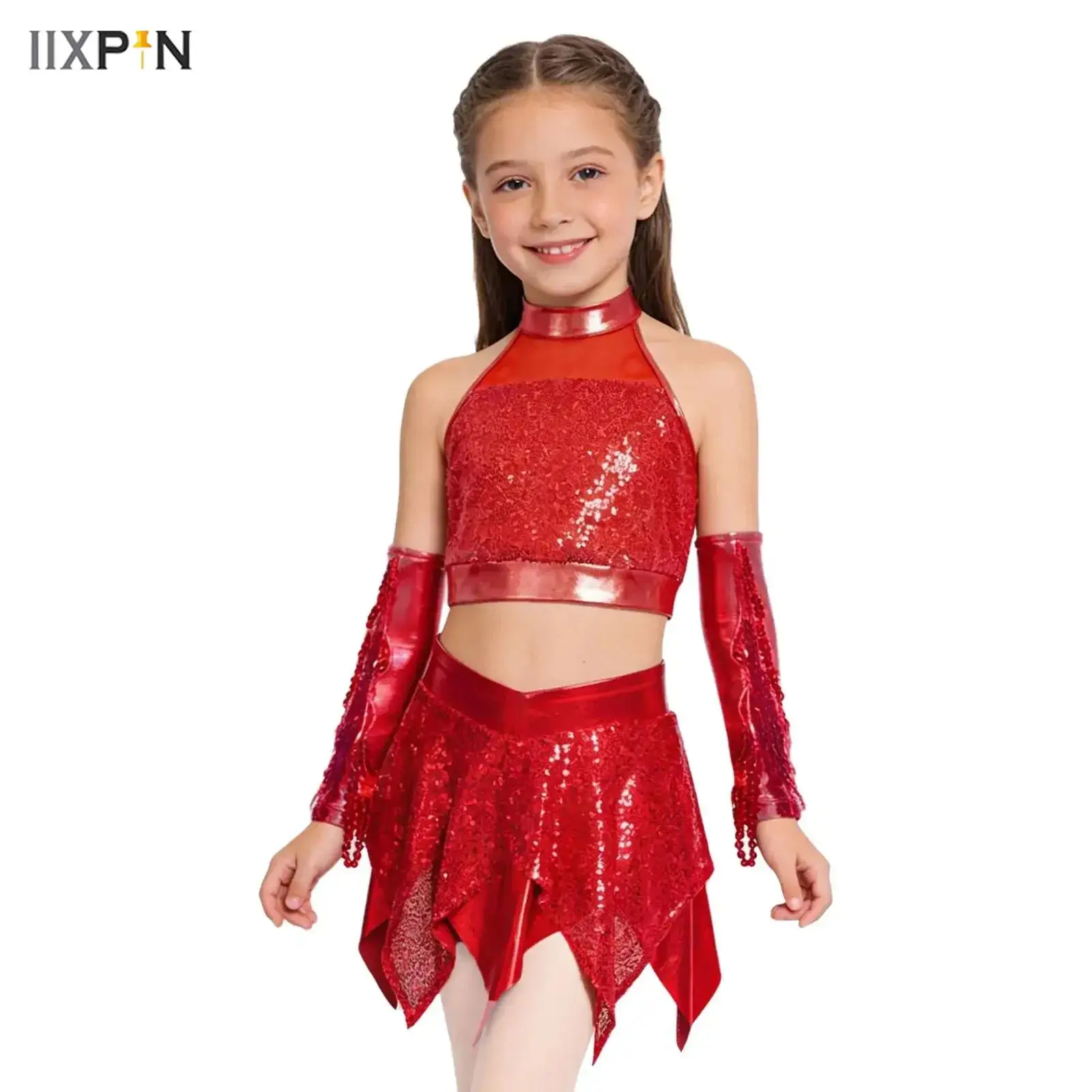 

Kids Girls Sequin Disco Hip Hop Jazz Dance Outfit Crop Top with Skirt Tassel Arm Sleeves Set Disco Modern Ballet Dancewear