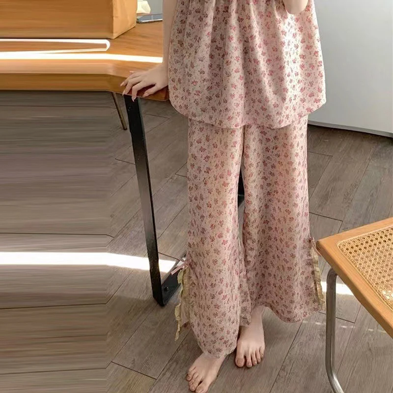 Korean Style Women Girls Floral Printed Pajamas Set Sexy V Neck Lace Sleepwear