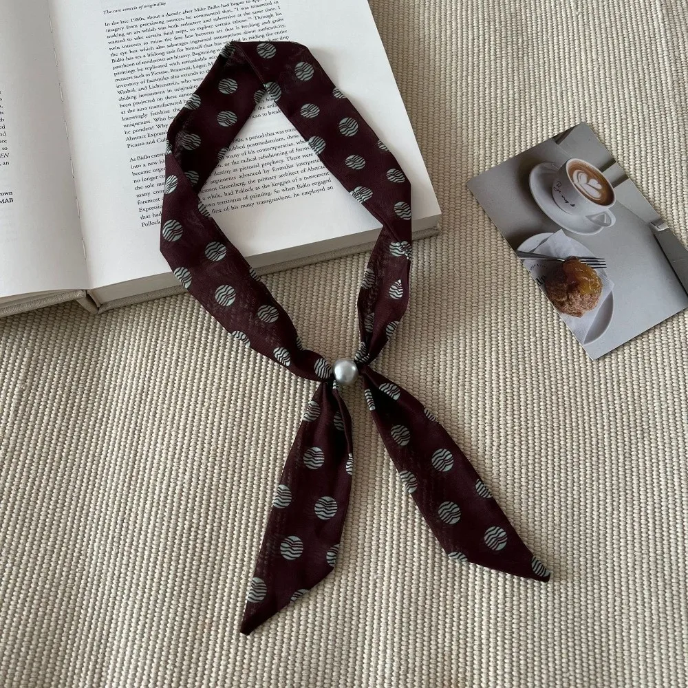 Gift Vintage Thin Polka Dot Neckerchief Pearl Adjustable Choker Scarf Elegant Beads Silk Scarf Necklace Party
