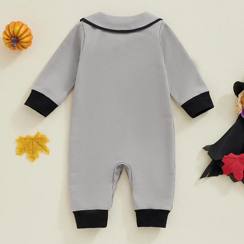 SUNSIOM 0-18 Months Baby Boy Halloween Romper Spider Embroidered Bow Tie Long Sleeve Lapel Neck Button-up Fall Jumpsuits