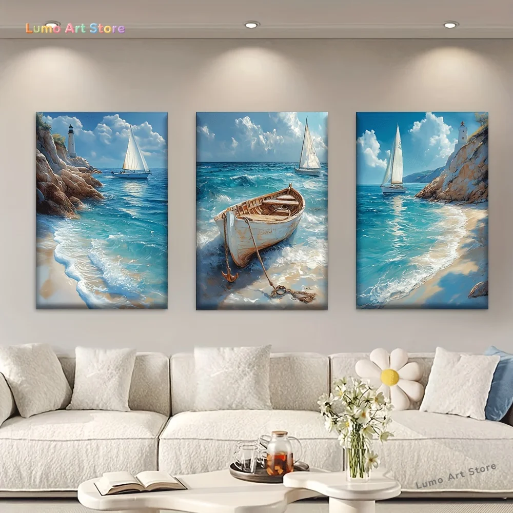 3pcs/set, Canvas painting--Unframed, Wooden boats on shore, sailboats on the sea and a lighthouse in the distance, Posters an