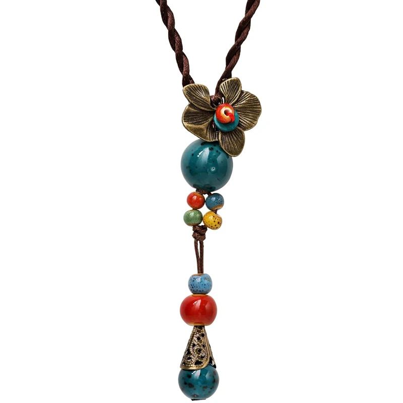 Vintage Bohemian Colorful Ceramic Bead Antique Flower Y Necklace, Vintage Boho Hippie Statement Jewelry Gift for Women