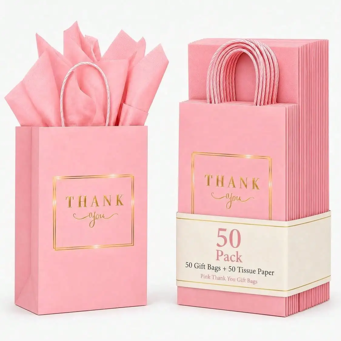 50Pack White Thank You Gift Bags With Handles And Tissue Paper, 5.9