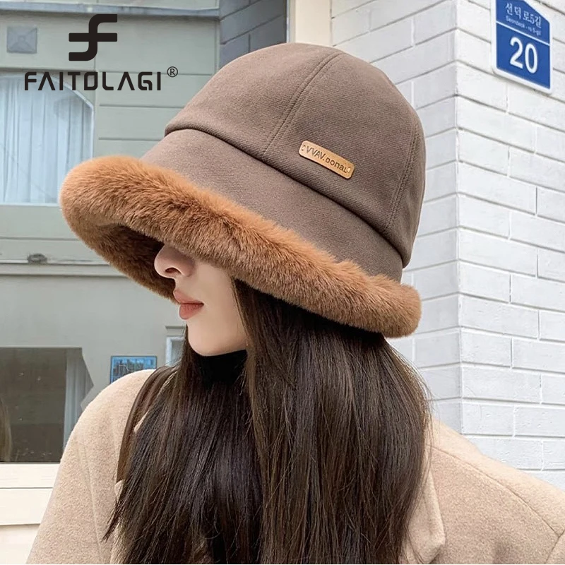 Winter Women Plush Fisherman Cap Thick Fluffy Fur Panama Basin Cap Solid Color Bucket Hat Windproof Female Warm Bonnet Visors 모자