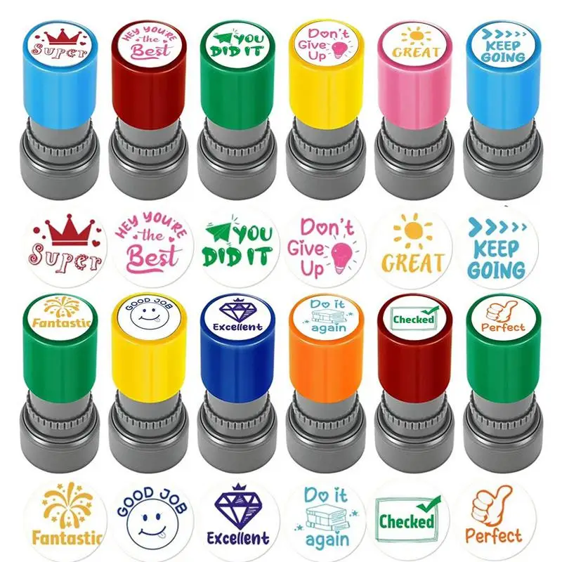 12pcs Teacher's comment Stamp Automatic inking Stamp Teacher's comment Light sensitive stamp Circular educational behavior stamp