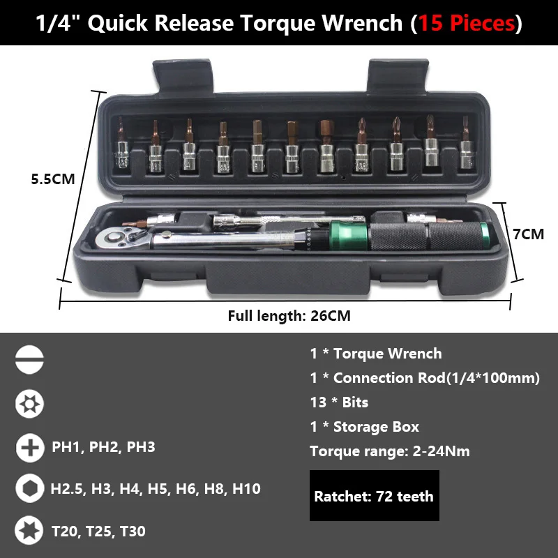 1/4 ''Drive 2-24N.m Nauwkeurige Dubbele Schaal Momentsleutel Set MTB Bike Socket Spanner Fiets Motor Ratel Reparatie Toolbox kit