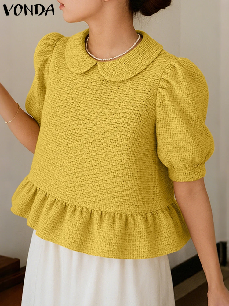 

VONDA Fashion Women Solid Color Blouse Tunic Tops Ruffled Shirts 2025 Summer Short Puff Sleeve Casual Lapel Korean Blusas Female