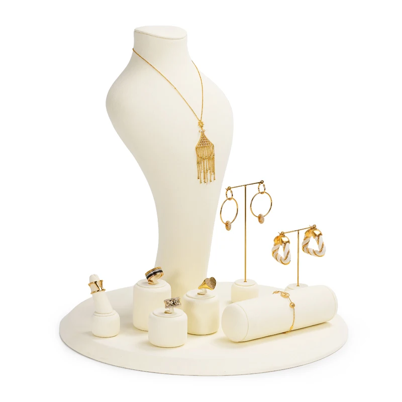 Ciyye Beige Jewelry Display Stand for Ring Earrings Necklace Jewelry Accessories with Metal Microfiber Showing Shelf