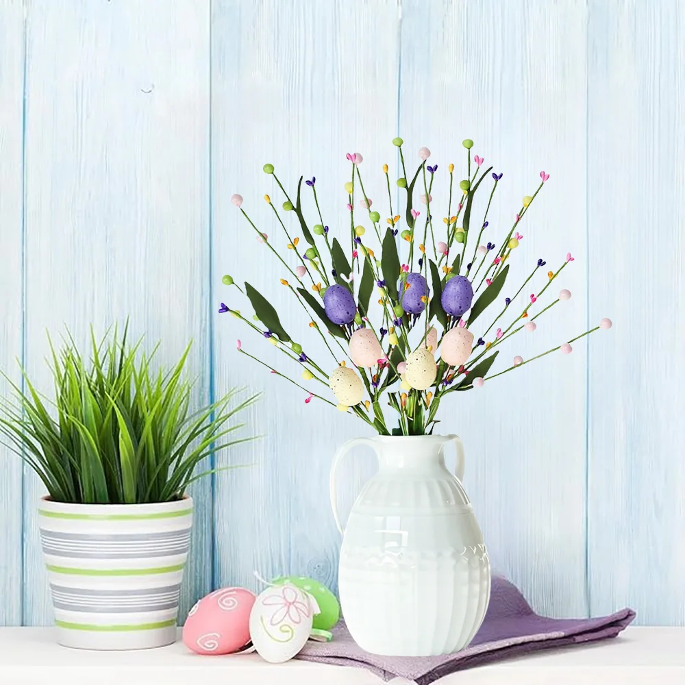 

6Pcs Easter Decorations Egg Picks Berry Stem Artificial Spring Floral Pick Decor for Home Vase Table Centerpieces Indoor Green