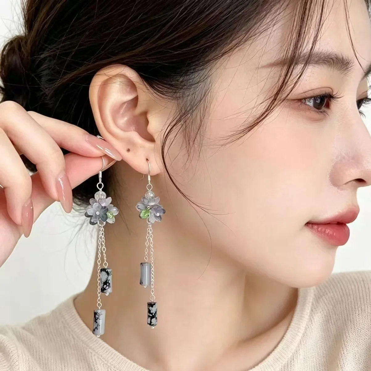 Ink Painting Flower Tassel Earrings, Chinese Style Long Dangle Earrings for Women Elegant Hanfu Jewelry Hook Drop