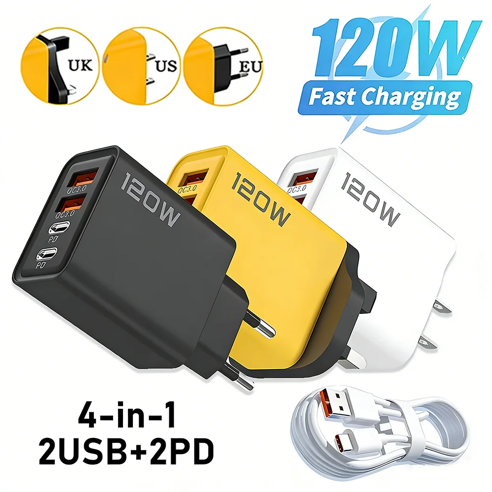 

4-in-1 120W Charger 4 Ports USB Type C Charger Fast Charging With Data Cable USB Adapter For Samsung IPhone Huawei Wall Charger
